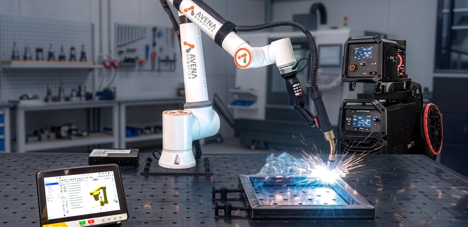 WELD PRO kit: FAIRINO cobot with a Spartus EasyMIG 500DP welder, welding a frame on a welding table