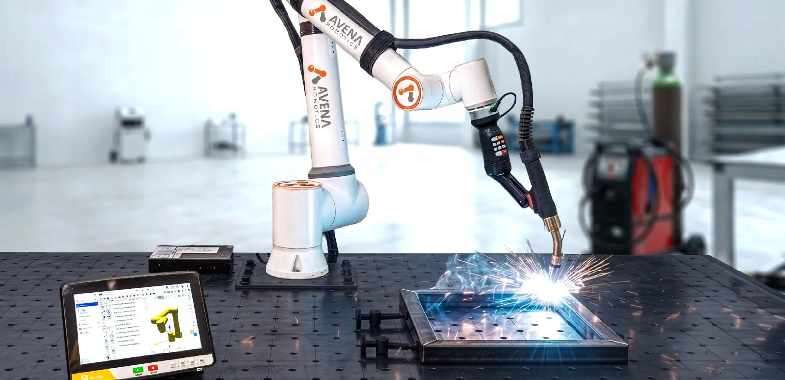 WELD FLEX kit: FAIRINO cobot with a MIG torch for your own welder, welding a frame on a welding table
