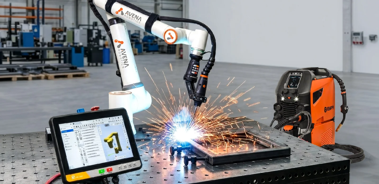 WELD MASTER kit: FAIRINO cobot with a Kemppi Master M 358 welder, welding a frame on a welding table